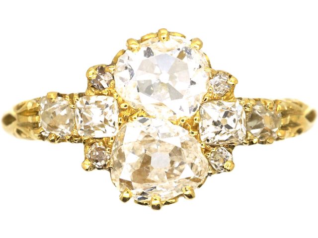 Victorian 18ct Gold Ring set with Two Pear Shaped Old Mine Cut Diamonds