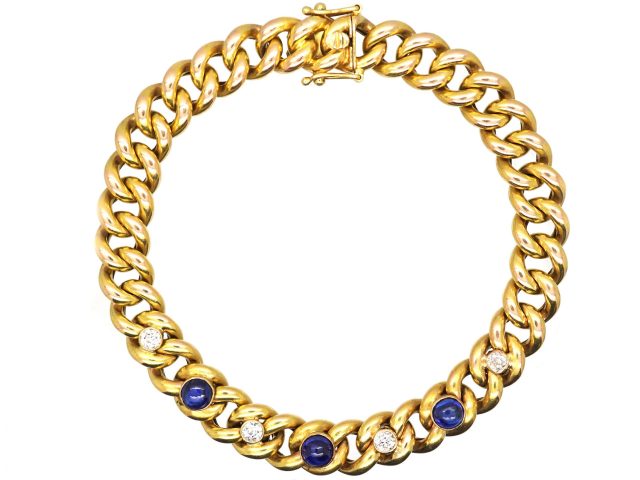 Early 20th Century Cabochon Sapphire & Diamond 14ct Gold Curb Bracelet