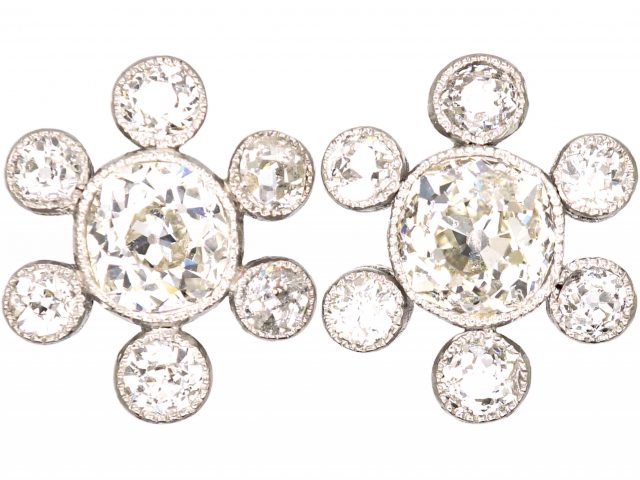 Edwardian Platinum, Diamond Daisy Cluster Earrings