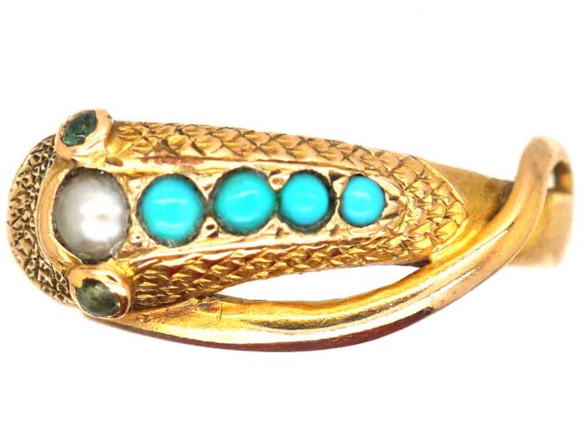 Early Victorian 15ct Gold Snake Ring set with Turquoise, Natural Split Pearl & Cabochon Emerald Eyes