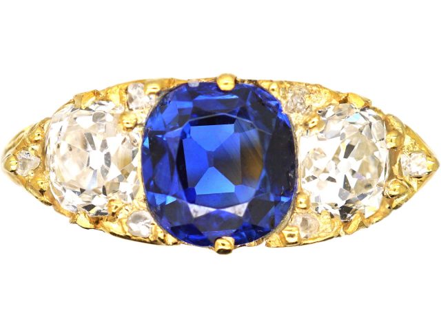 Victorian 18ct Gold Sapphire & Diamond Three Stone Carved Half Hoop Ring