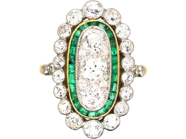 Early 20th Century 18ct Gold & Platinum, Emerald & Diamond Oval Ring