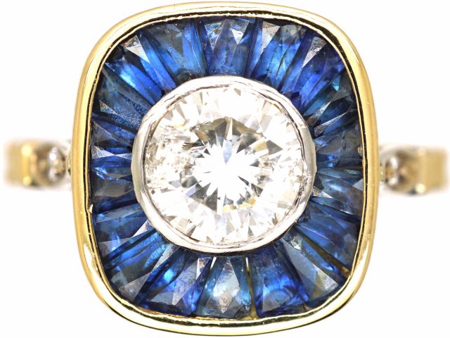 French Early 20th Century 18ct Gold & Platinum, Diamond & Sapphire Sunburst Ring