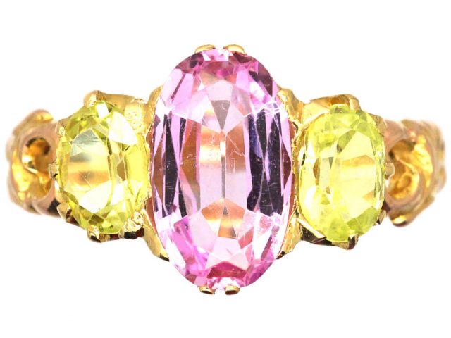 Early 19th Century 15ct Gold, Pink Topaz & Chrysolite Three Stone Ring