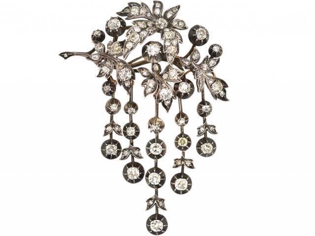 Large French 19th Century Corsage Brooch with Five Drops set with Old Mine Cut Diamonds