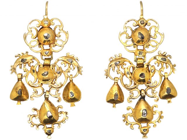 18th Century Spanish 18ct Gold & Diamond Triple Drop Earrings