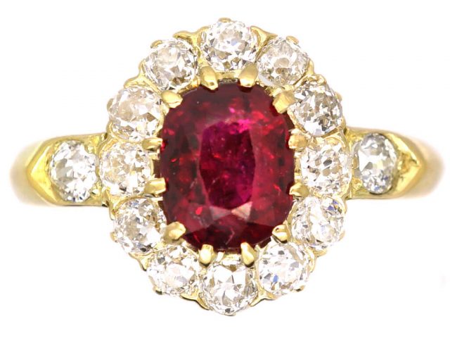 French Early 20th Century Ruby & Diamond Cluster Ring with Diamond Set Shoulders