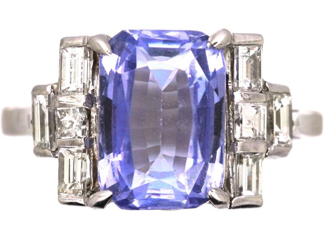 Art Deco Platinum Ring set with a Rectangular Cut Sapphire & Baguette & Square Cut Diamonds