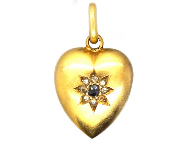 Victorian 15ct Gold Heart Shaped Pendant set with a Sapphire & Rose Diamonds