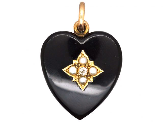 Victorian 15ct Gold Onyx Heart Shaped Pendant set with Natural Split Pearls