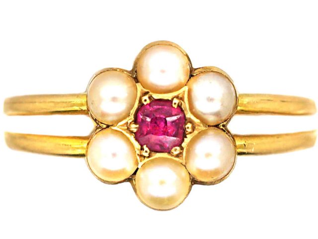 Edwardian 18ct Gold, Ruby & Natural Pearl Cluster Ring
