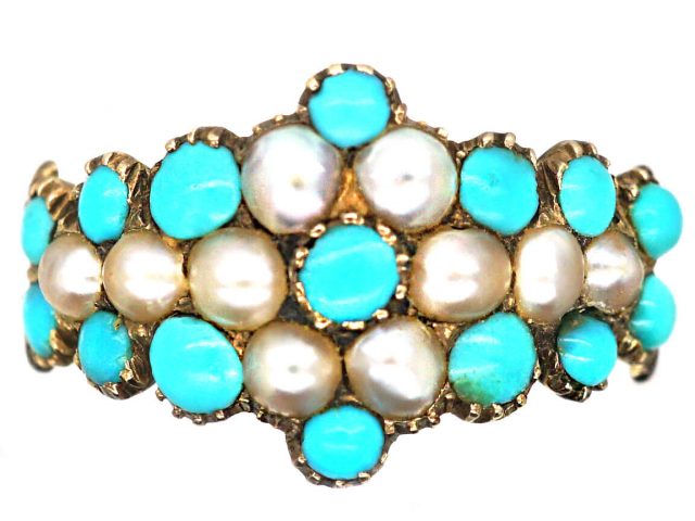 Early 19th Century 15ct Gold, Turquoise & Natural Split Pearl Cluster Ring