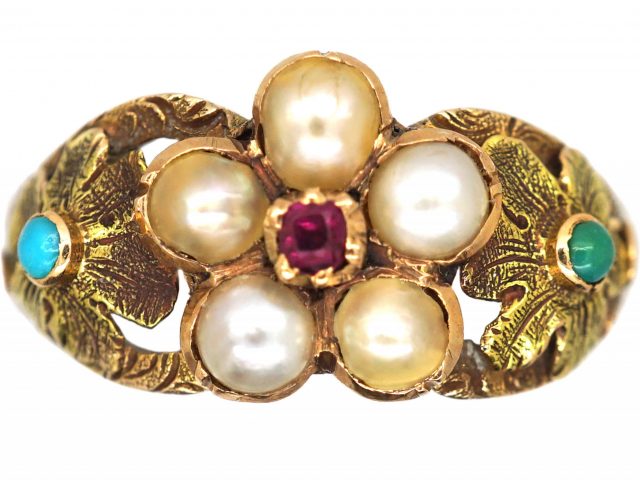Georgian 15ct Two Colour Gold Cluster Ring set with a Ruby, Natural Split Pearls & Turquoise