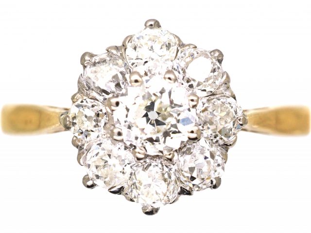 Edwardian 18ct Gold & Old Mine Cut Diamond Daisy Cluster Ring