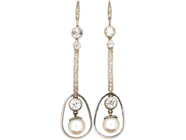 Edwardian 15ct Gold & Platinum Drop Earrings set with Diamonds & Natural Pearls