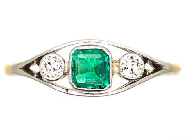 Edwardian 18ct Gold & Platinum, Three Stone Emerald & Diamond Ring