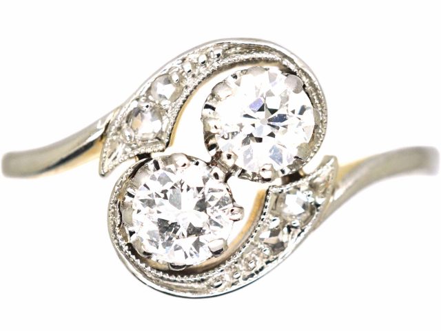 Early 20th Century 14ct Gold & Platinum, Two Stone Diamond Crossover Ring