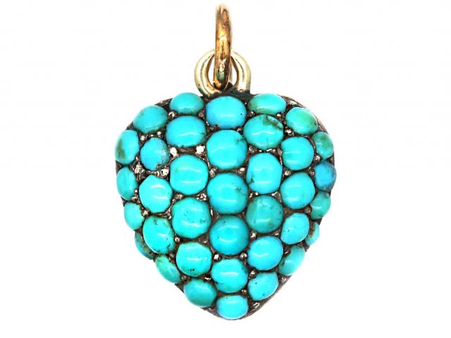 Victorian 9ct Gold Heart Pendant Pave set with Turquoise