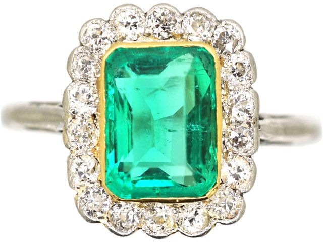 Early 20th Century Platinum & 18ct Gold, Rectangular Cut Emerald & Diamond Cluster Ring