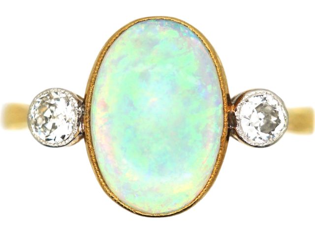 Edwardian 18ct Gold & Platinum, Opal & Diamond Three Stone Ring