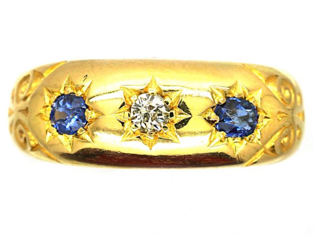 Edwardian 18ct Gold, Three Stone Sapphire & Diamond Gypsy Ring