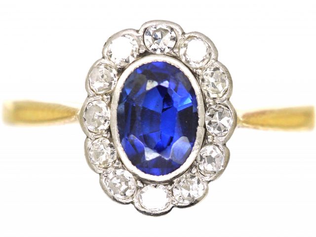 Edwardian 18ct Gold & Platinum, Sapphire & Diamond Oval Cluster Ring