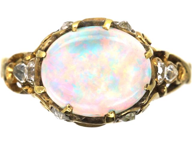 Art Nouveau 18ct Gold Ring set with an Opal with Diamond Detail