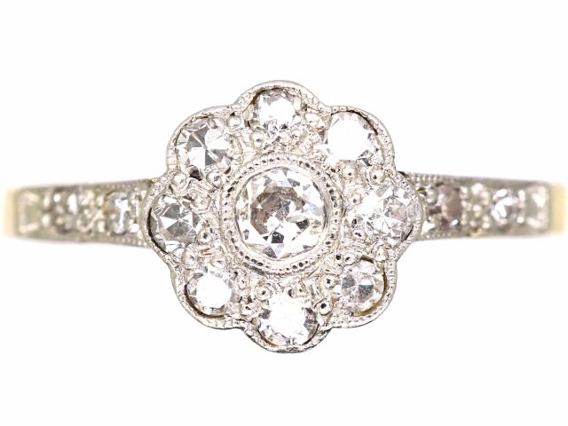 Edwardian 18ct Gold & Platinum, Daisy Cluster Ring with Diamond Set Shoulders