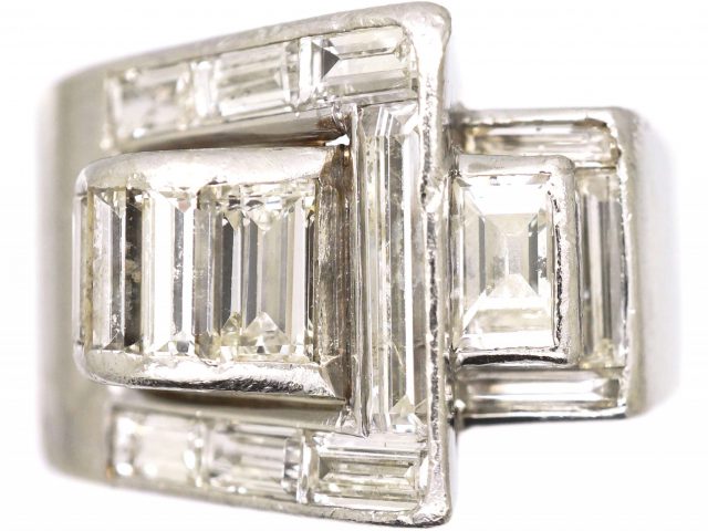 Retro Platinum Buckle Ring set with Baguette Diamonds