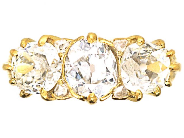 Victorian 18ct Gold, Three Stone Old Mine Cut Diamond Carved Half Hoop Ring