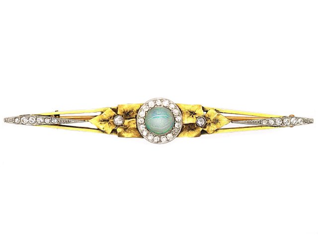 French Art Nouveau 18ct Gold & Platinum Brooch Set with a Cabochon Opal & Diamonds