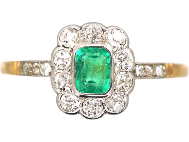 Edwardian 18ct Gold & Platinum, Emerald & Diamond Cluster Ring with Diamond Set Shoulders