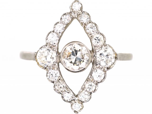 Edwardian Platinum Navette Shaped Ring set with Diamonds