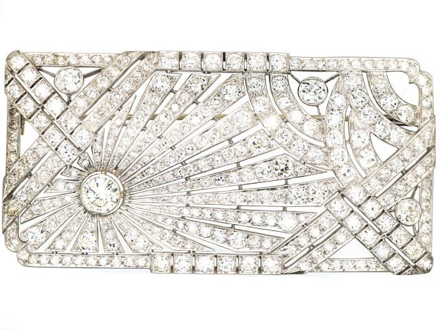 Art Deco Platinum Large Sunburst Rectangular Brooch set with Diamonds