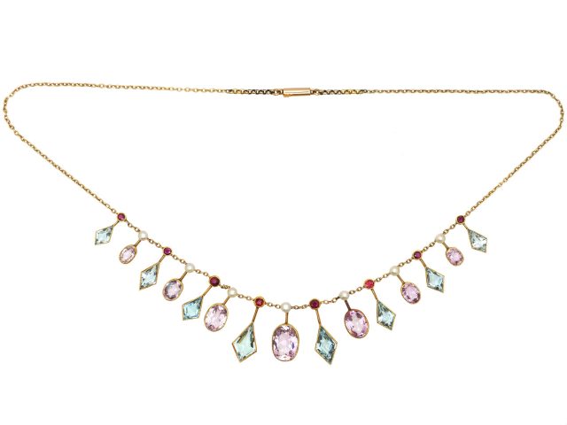 Edwardian 15ct Gold, Pink Tourmaline, Aquamarine, Ruby & Natural Pearl Harlequin Necklace in Original Case