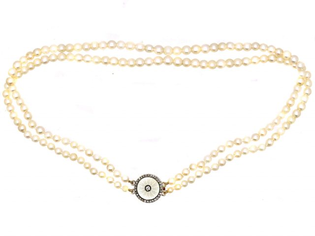 Edwardian Two Strand Pearl Necklace with 15ct Gold Enamel & Diamond Clasp