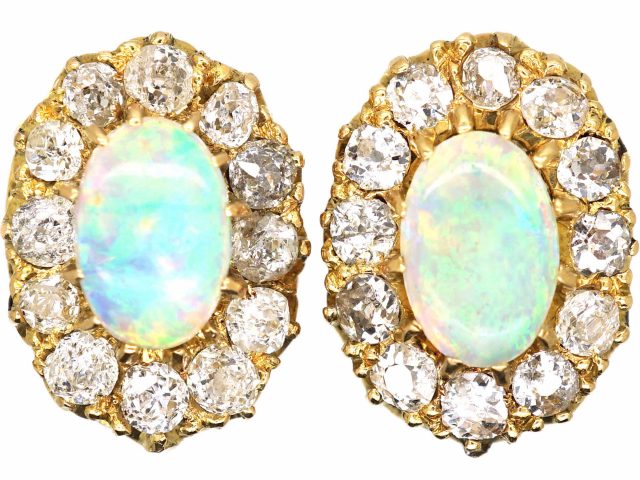 Edwardian 18ct Gold, Opal & Diamond Oval Cluster Earrings