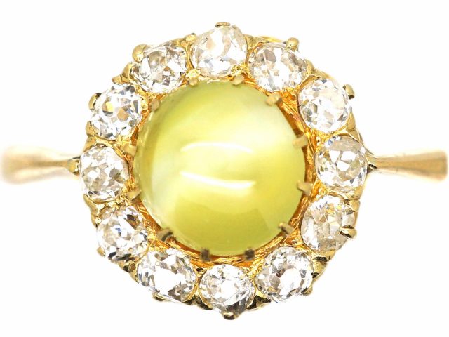 Edwardian 18ct Gold Cat’s Eye Chrysoberyl & Diamond Cluster Ring