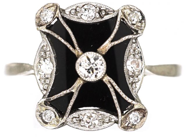 Art Deco 18ct White Gold, Onyx & Diamond Ring