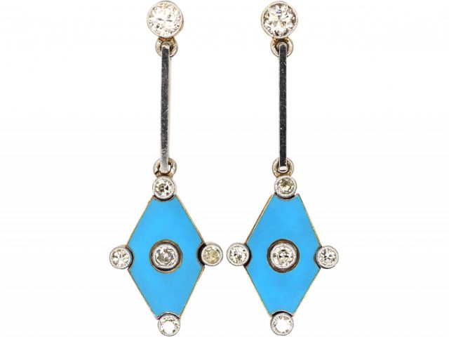 Edwardian 15ct Gold & Platinum,Turquoise Enamel & Diamond Drop Earrings