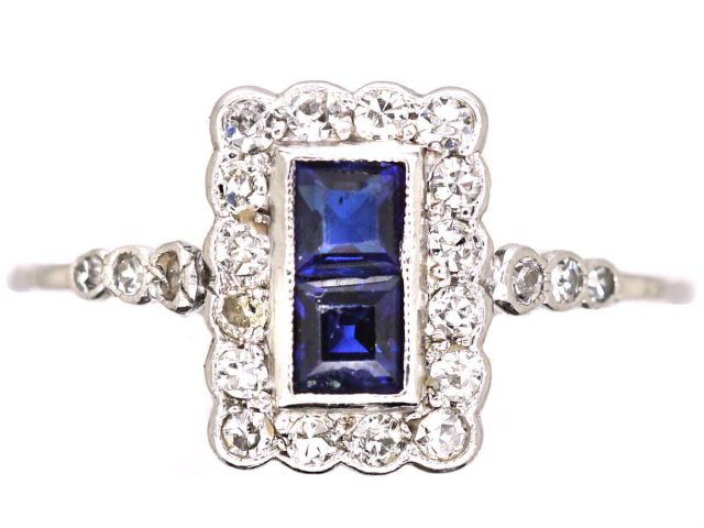 Art Deco 18ct White Gold & Platinum, Sapphire & Diamond Rectangular Ring with Diamond set Shoulders