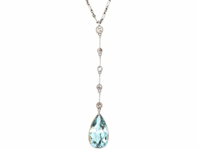 Early 20th Century 15ct Gold & Platinum Aquamarine & Diamond Drop Pendant on Platinum Chain