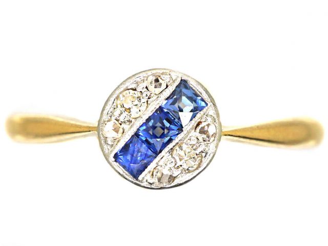 Art Deco 18ct Gold & Platinum, Cluster Ring Diagonally set with Sapphires & Diamonds