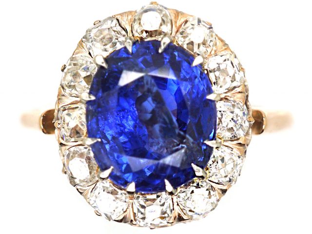 Early 20th Century Natural Unheated Sri Lankan Sapphire & Diamond Cluster Ring