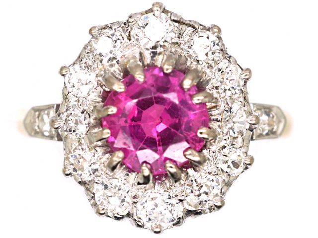 Early 20th Century 18ct Gold & Platinum, Pink Sapphire & Diamond Cluster Ring