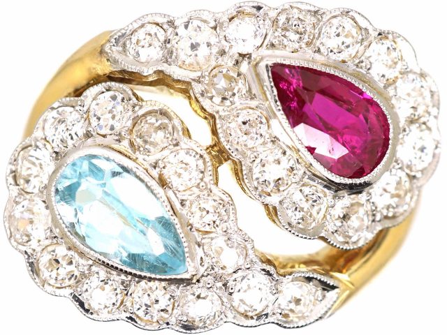 Mid 20th Century 18ct Gopd & Platinum, Stylised Double Snake Ring set with a Ruby, Aquamarine & Diamonds