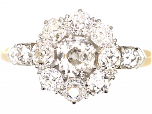 Edwardian 18ct Gold & Platinum, Diamond Cluster Ring with Diamond Set Shoulders